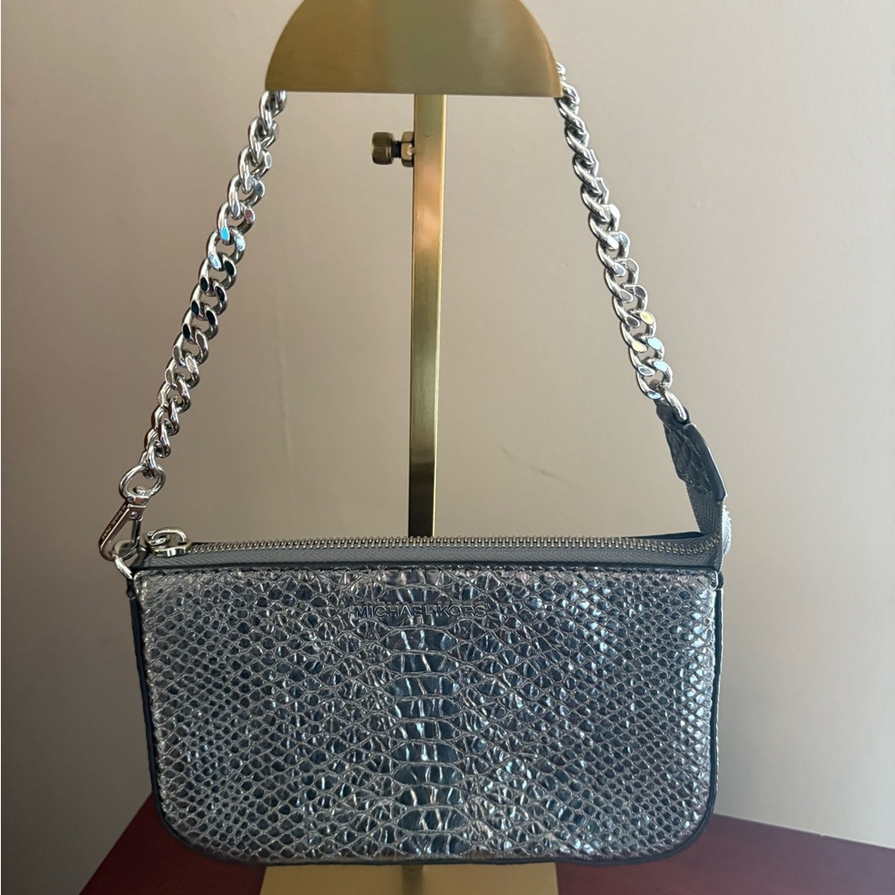Michael Kors Silver Metallic Embossed Leather Bag/Wristlet - LNC